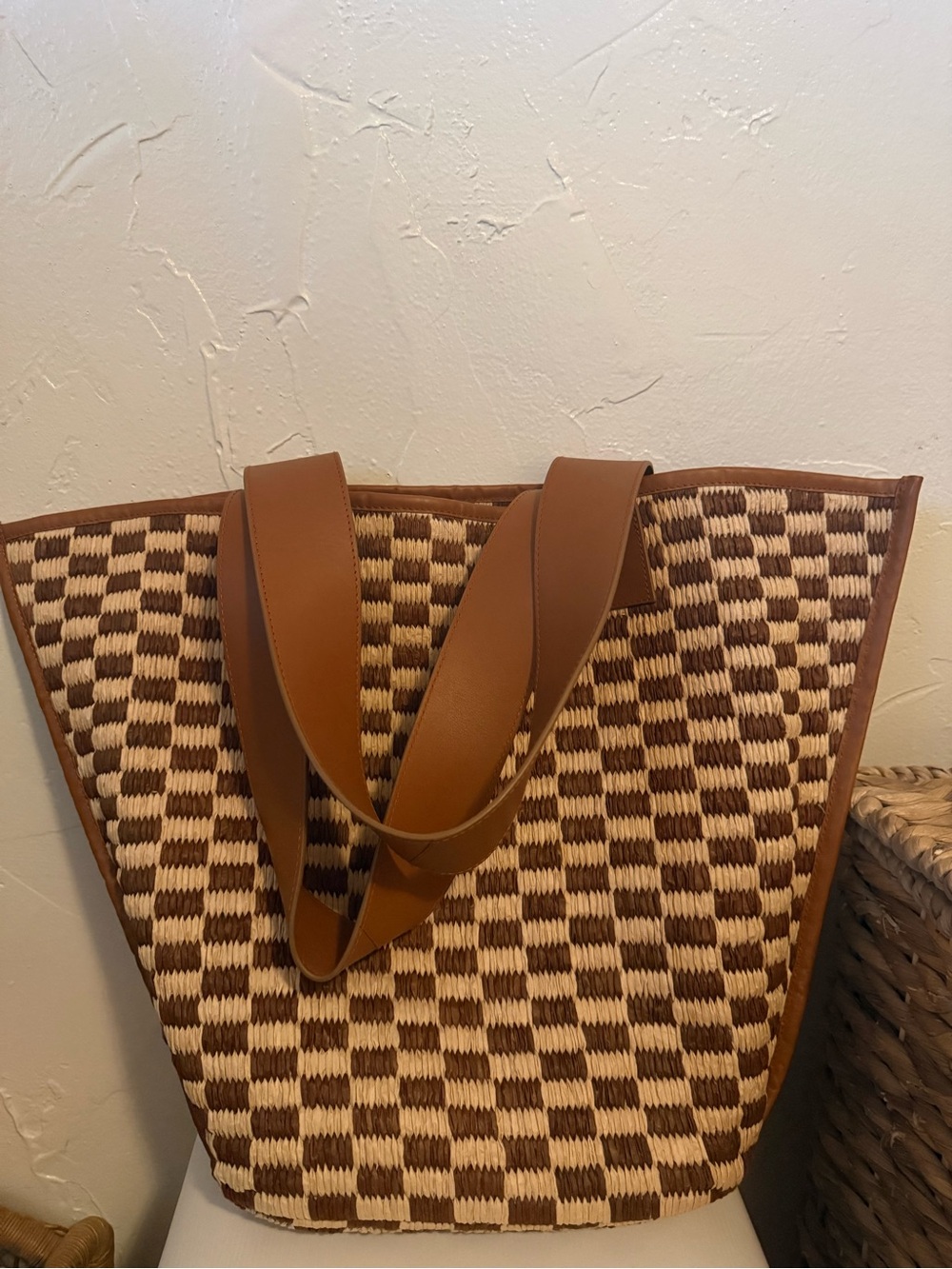 By Anthropologie Raffia Checkered Angular Tote Bag & Matching Pouch Set